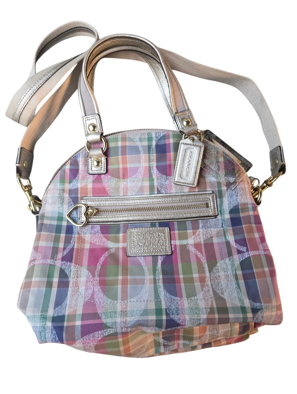 Coach Poppy Plaid Signature Dome Satchel Crossbody Bag Pink Multi